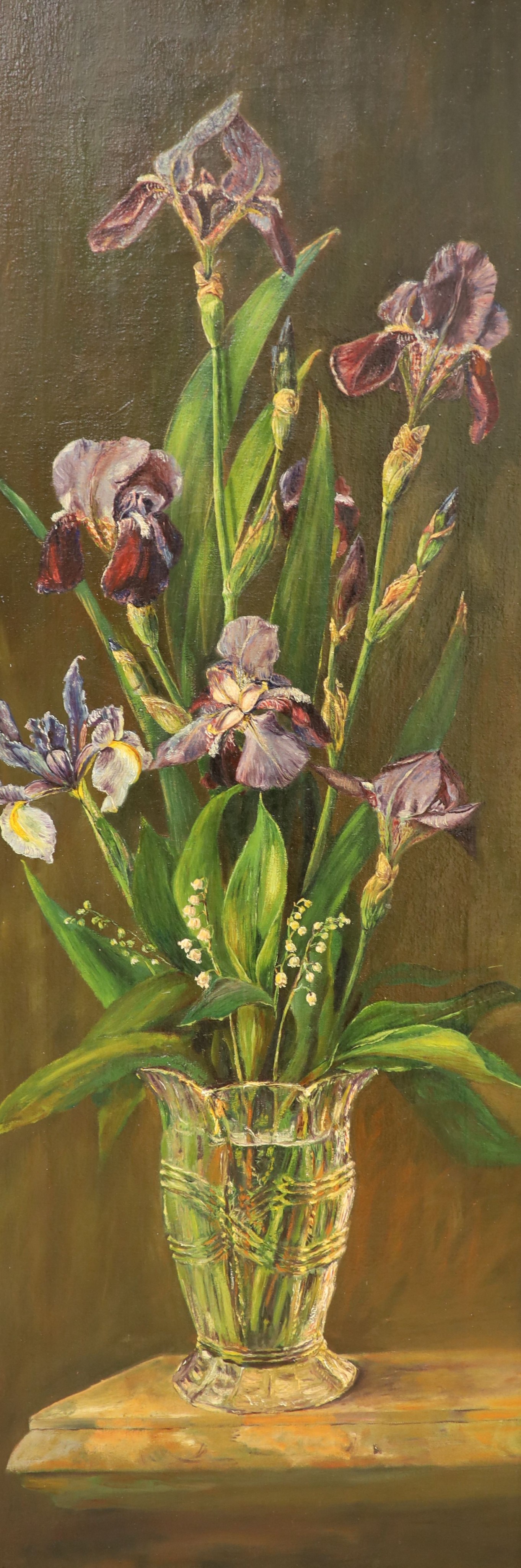 English School c.1900, pair of oils on canvas, Still lifes of irises and hollyhocks in vases, 94 x 32cm